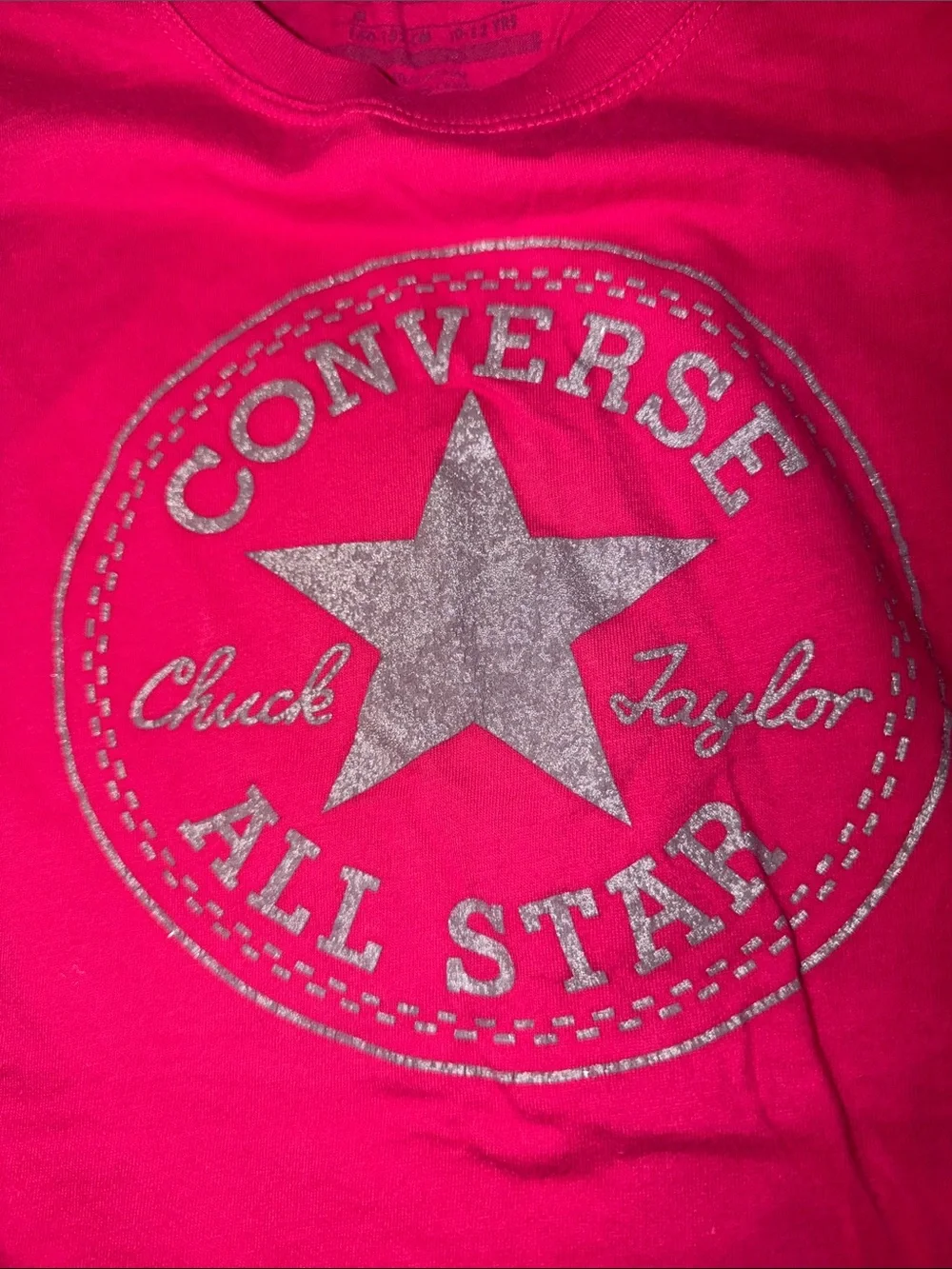 hot pink Tshirt by Converse All Star, Chuck Taylor, print has some sparkle to it